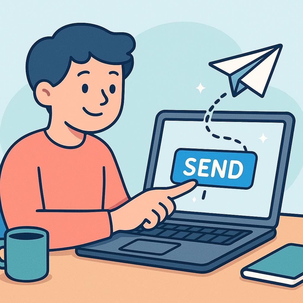 A person sending an email from their laptop, with a paper airplane icon symbolizing the sent message.