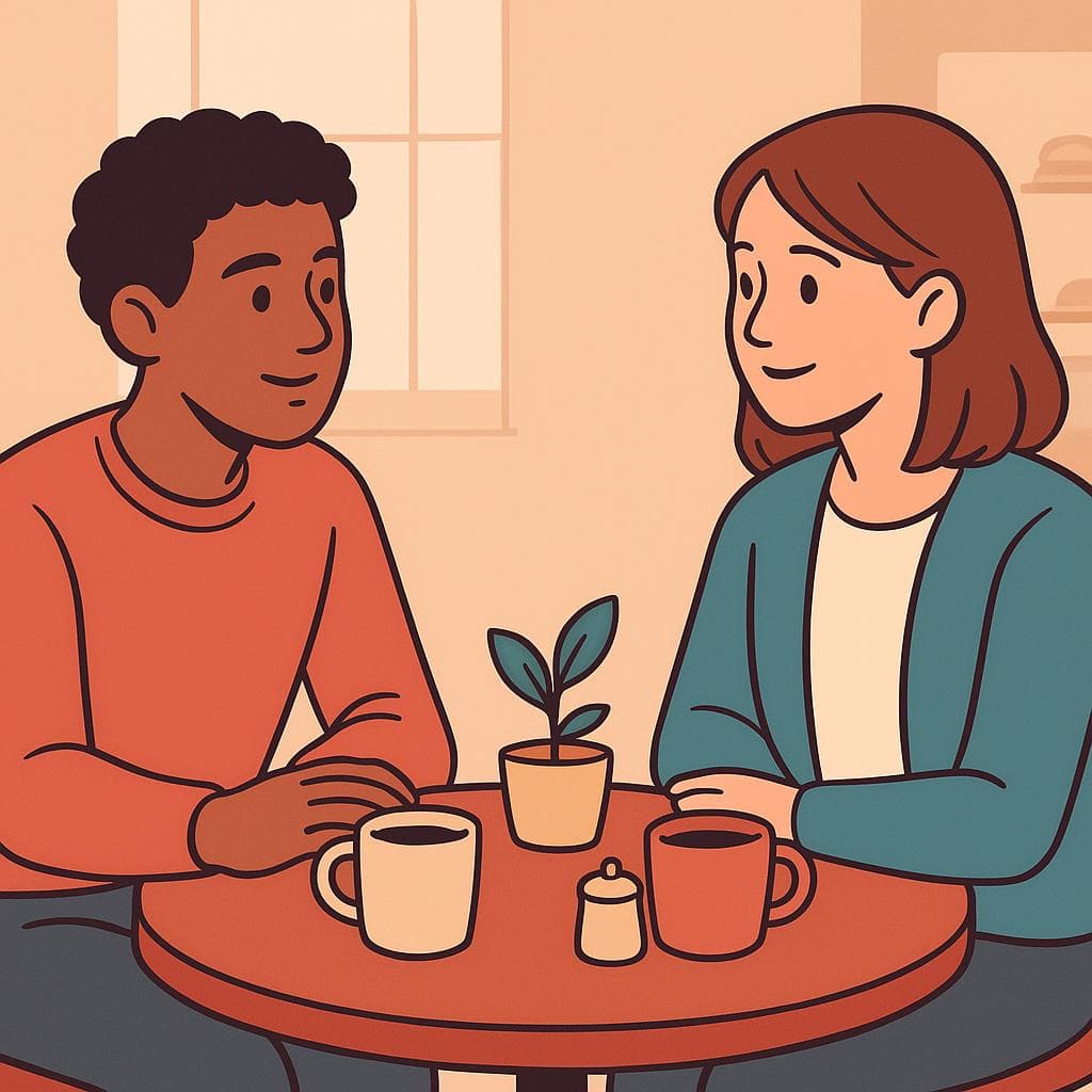 A cartoon of two friends having a serious but friendly conversation at a coffee shop.