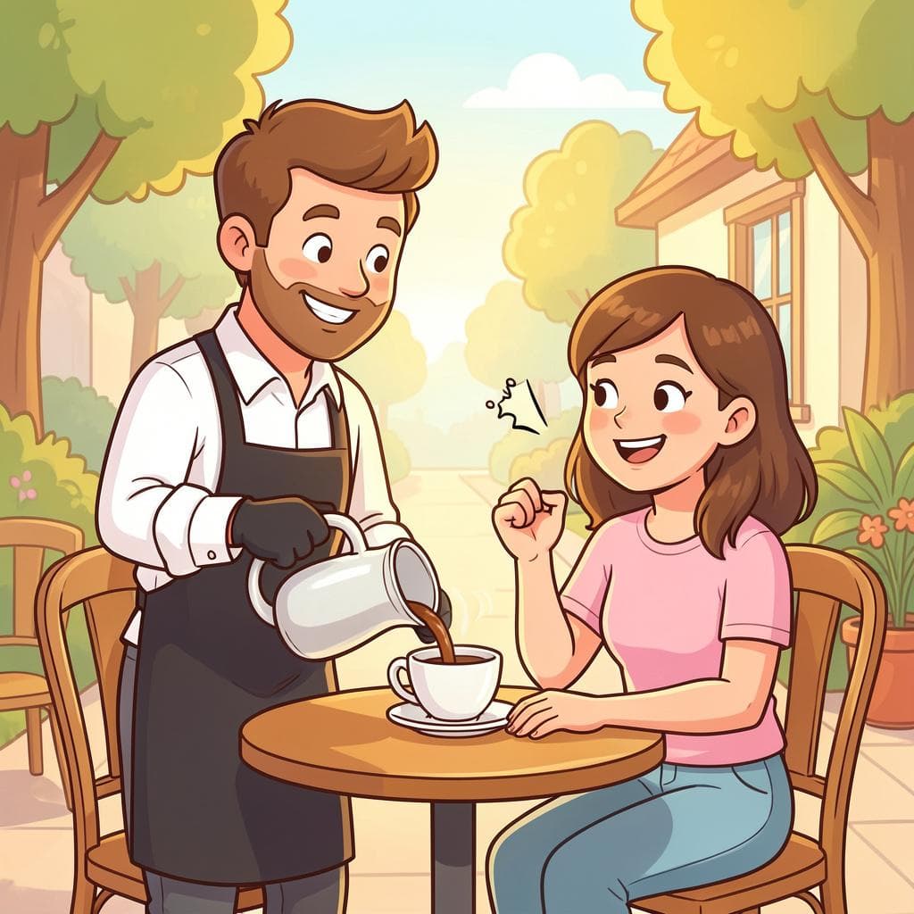 A person gesturing with their thumb and index finger close together while a waiter pours coffee.