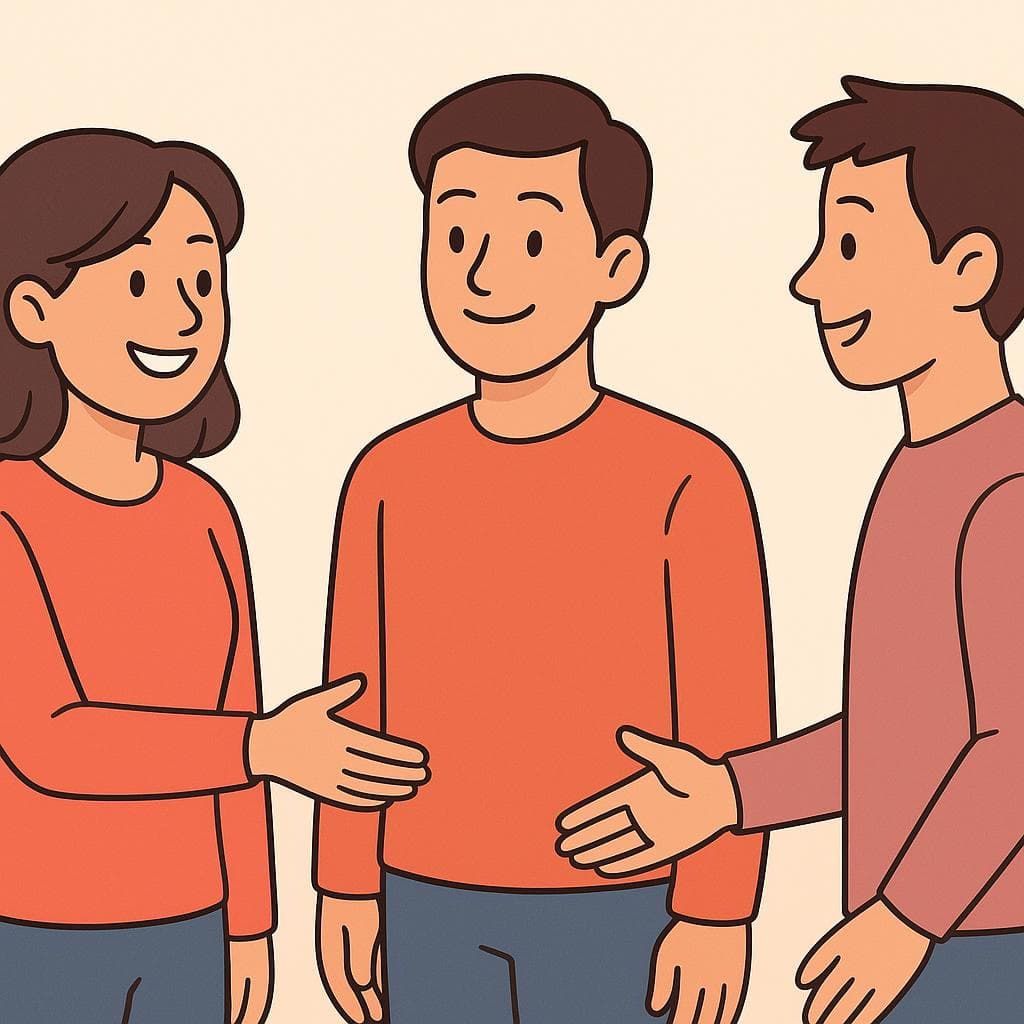 A woman smiling and gesturing towards her husband while introducing him to a friend.