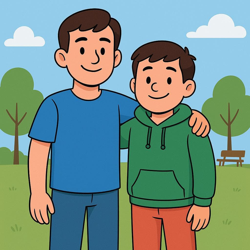 A cartoon illustration of an older brother and a younger brother smiling together with their arms around each other.