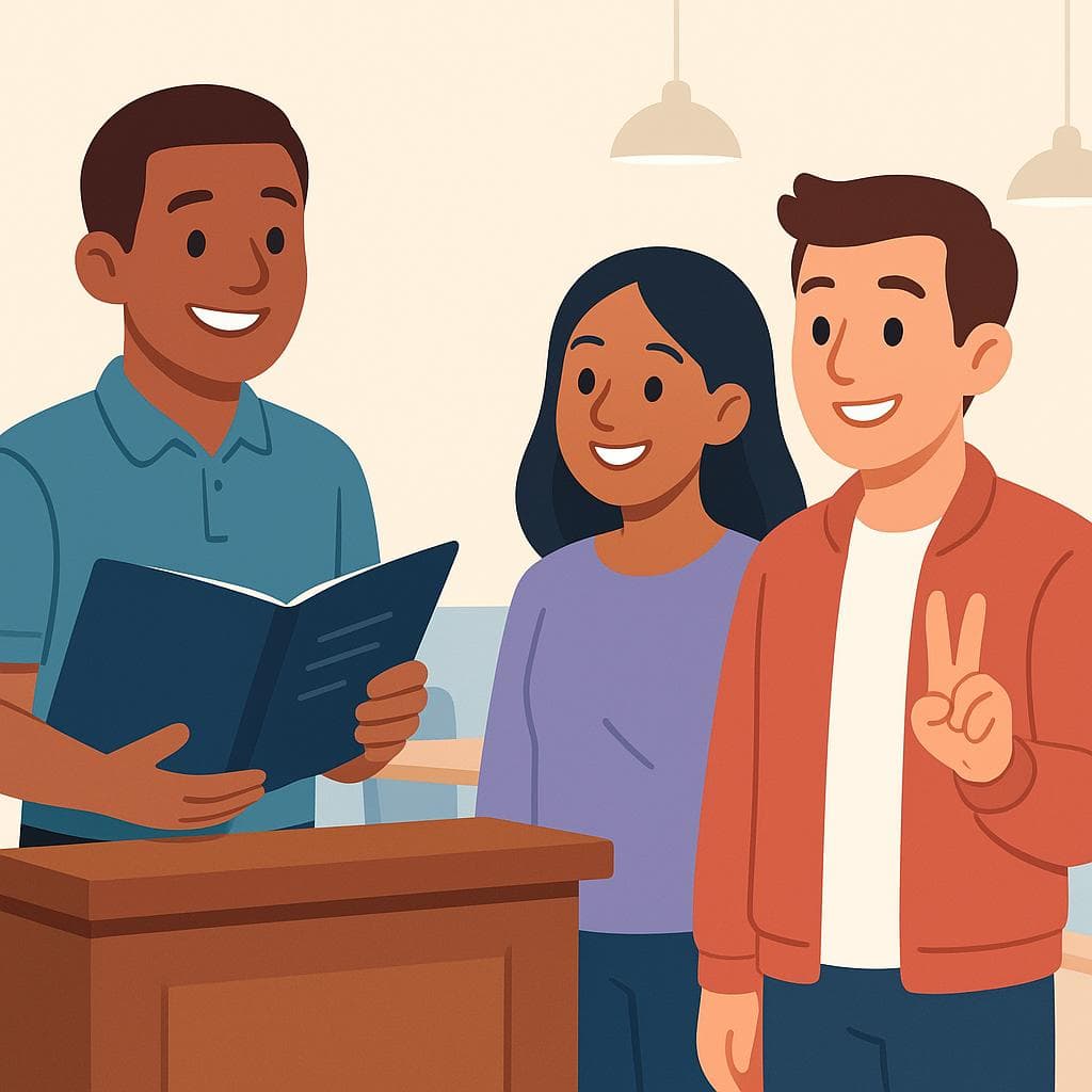 A cartoon couple at a restaurant entrance indicating to the host that they are a party of two.