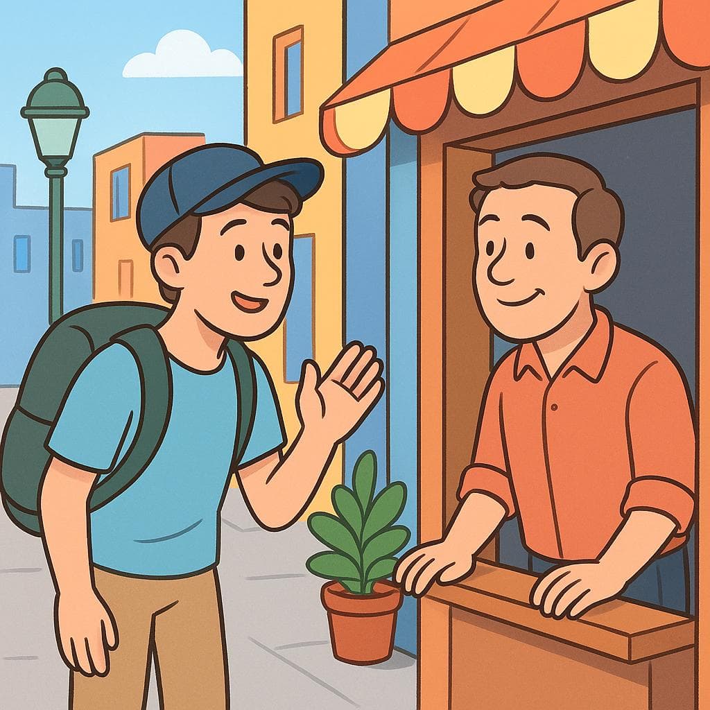 A traveler with a map asking a local person for help on a street, visually representing the phrase 'Do you speak English?'.