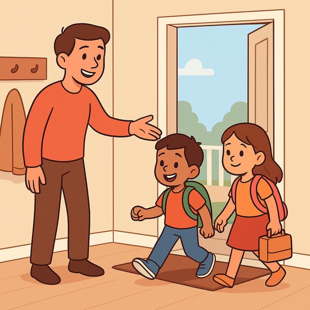 A cartoon parent encouraging two children to leave the house, symbolizing the act of telling someone to 'hurry up'.