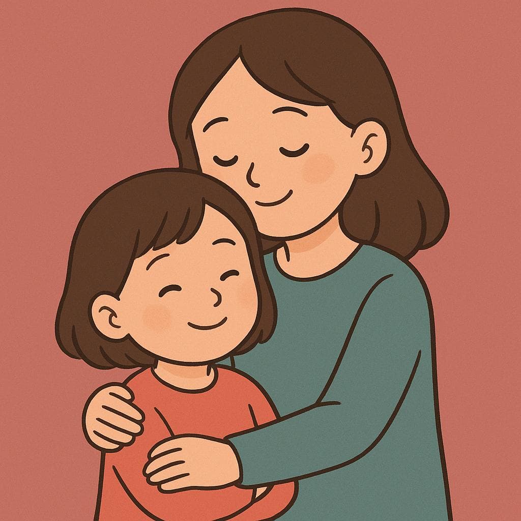 A cartoon illustration of an older sister and a younger sister happily embracing each other.