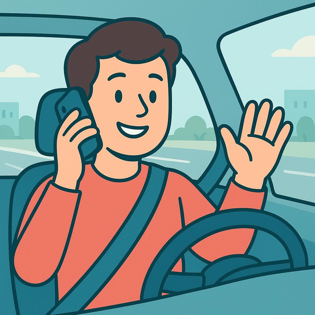 A person driving a car while talking on the phone, clearly indicating they are on their way to a destination.