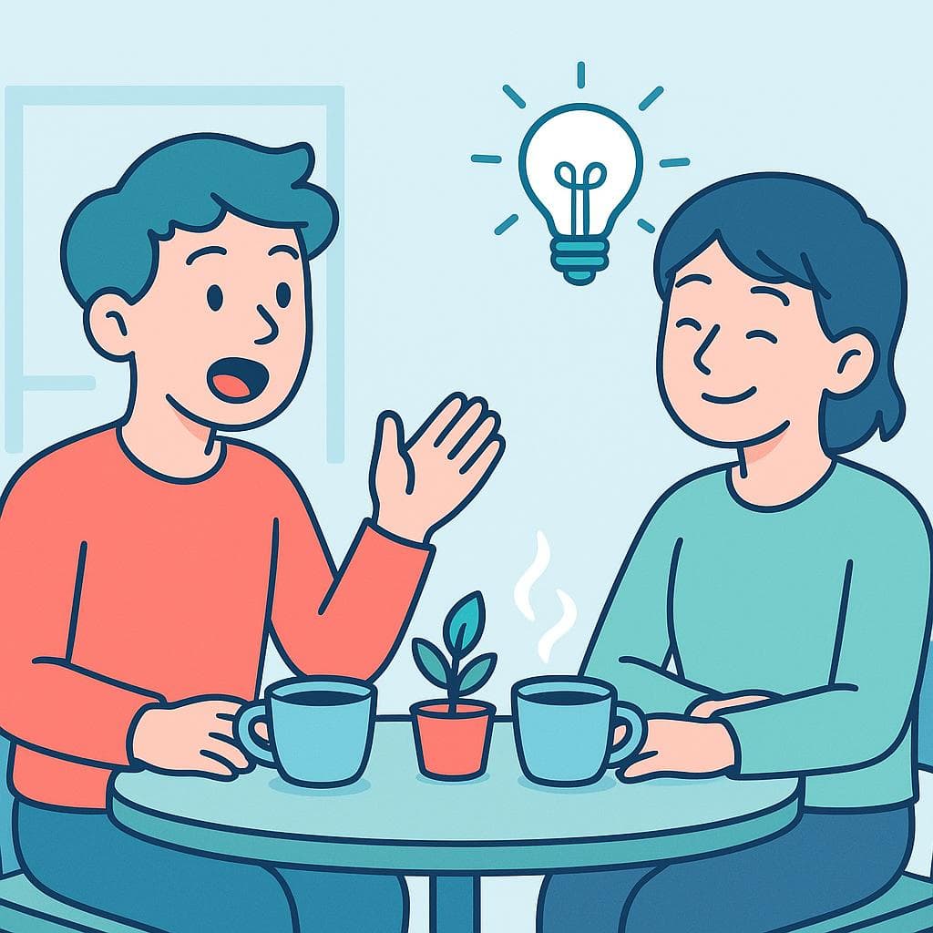A cartoon of two people in a cafe, one person is nodding in agreement as the other makes a point.