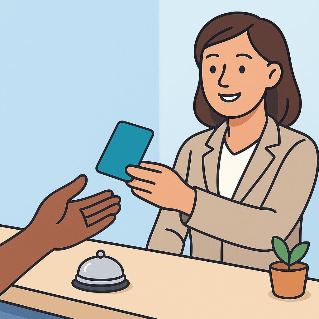 A cartoon hand exchanging a hotel key card with a receptionist at a front desk, illustrating the concept of getting a room key.