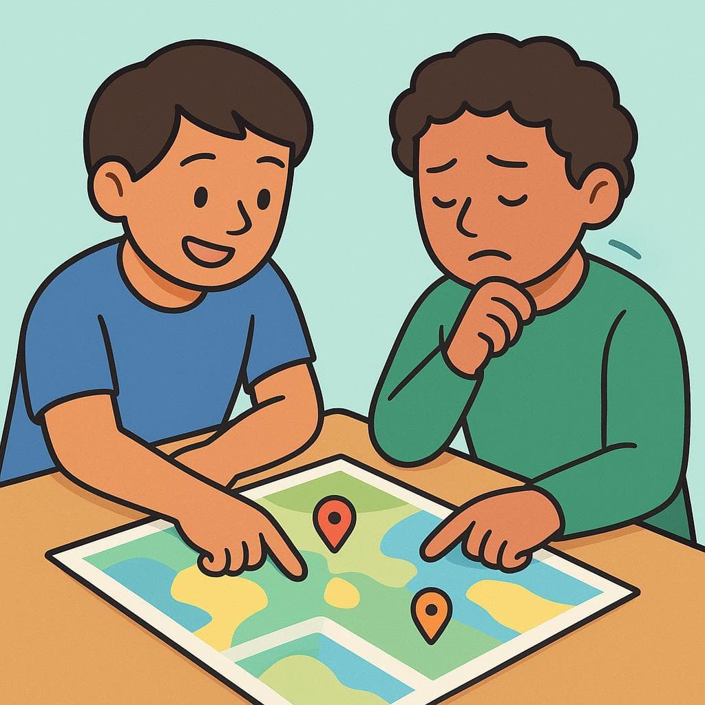 A cartoon of two people disagreeing politely over a map, one pointing to one location and the other gently correcting them by pointing elsewhere.