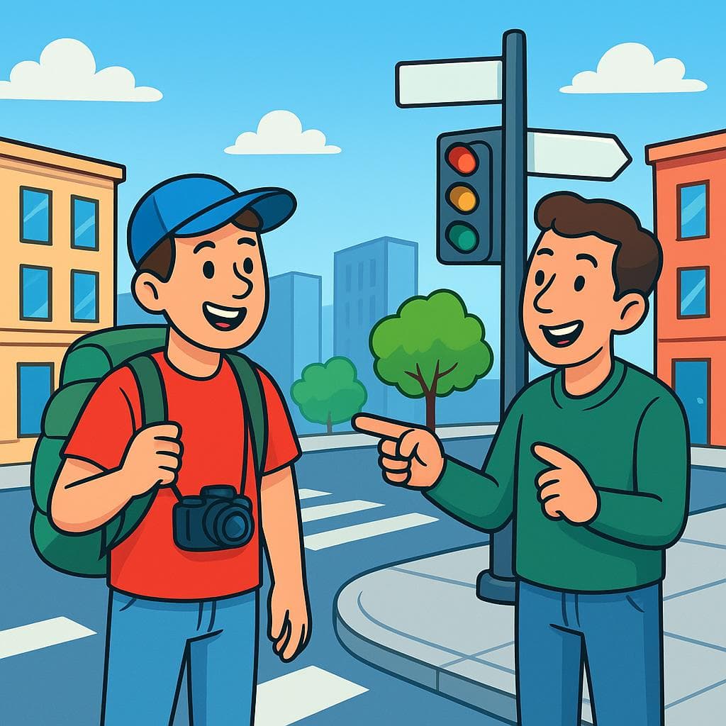 A cartoon of a traveler asking a local person for directions to a bus stop on a city street.
