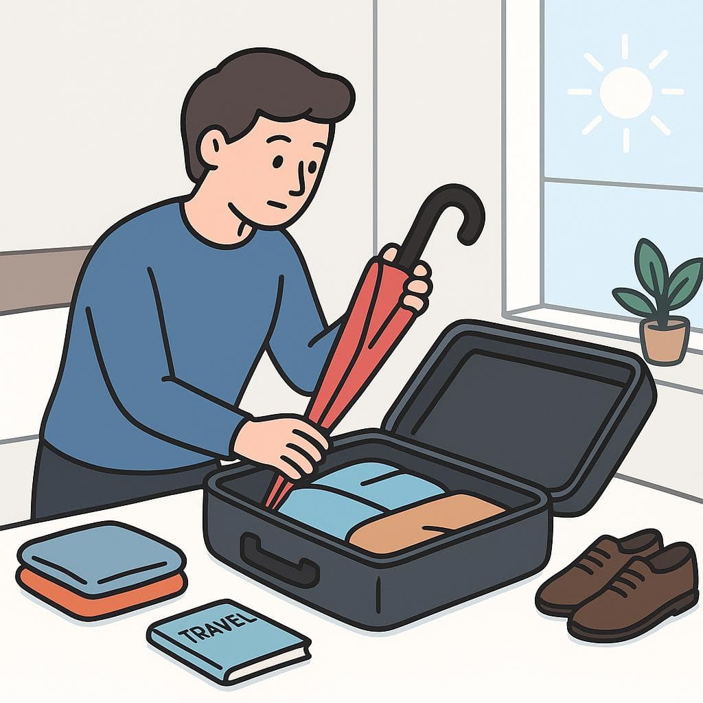 A person packing a suitcase puts an umbrella inside, just in case it rains, even though it's a sunny day.