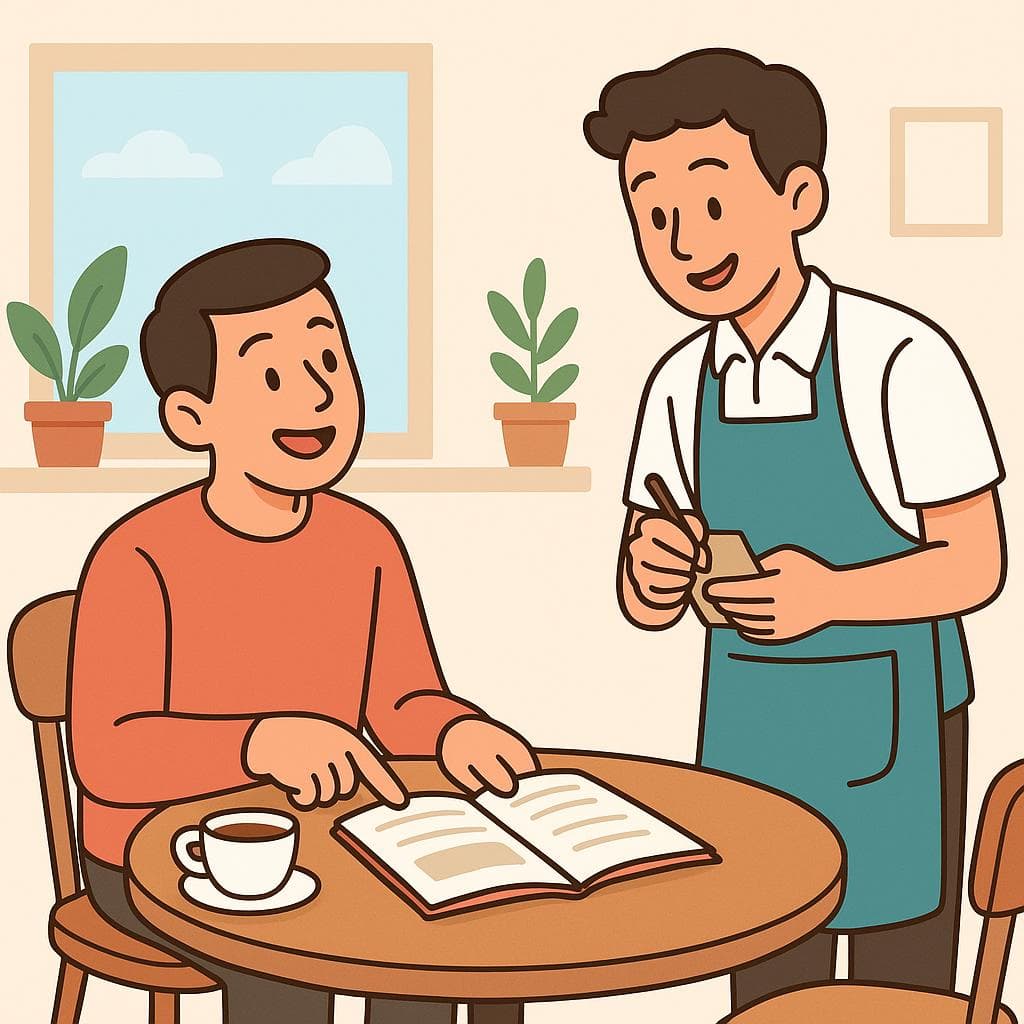 A customer in a cafe pointing at a menu to order food from a waiter