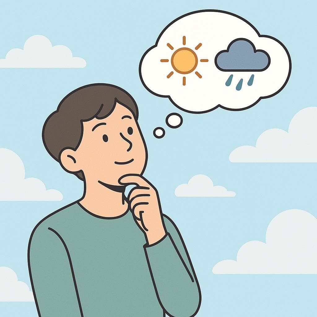A person looking up at a cloudy sky, thinking about whether it will rain or be sunny, to represent the concept of 'I think so'.