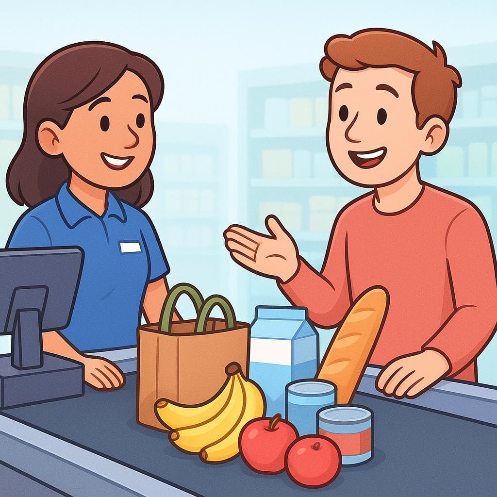 Customer at a checkout counter asking a cashier for a bag