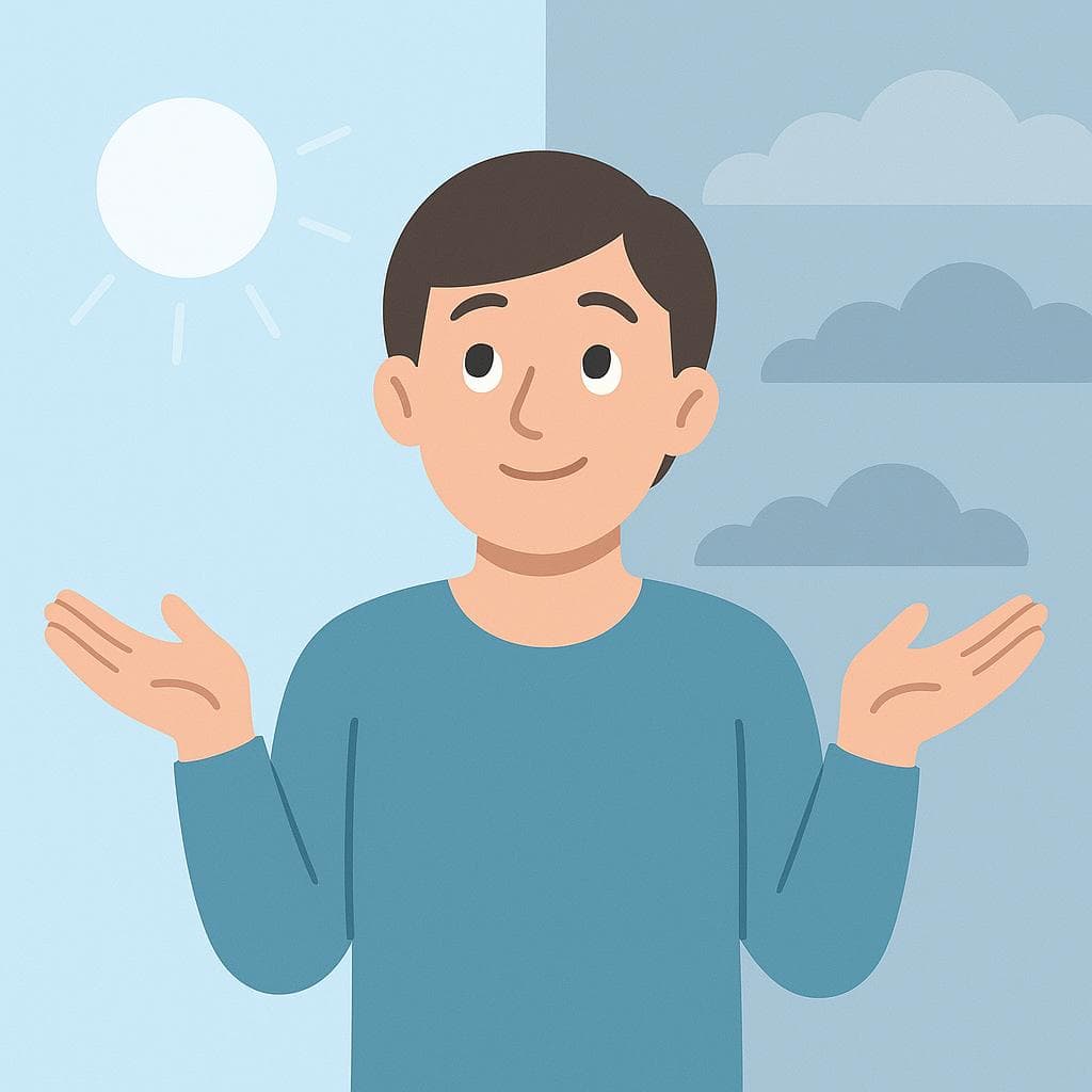 A person looking at a mixed sunny and cloudy sky, shrugging to indicate uncertainty about the weather.