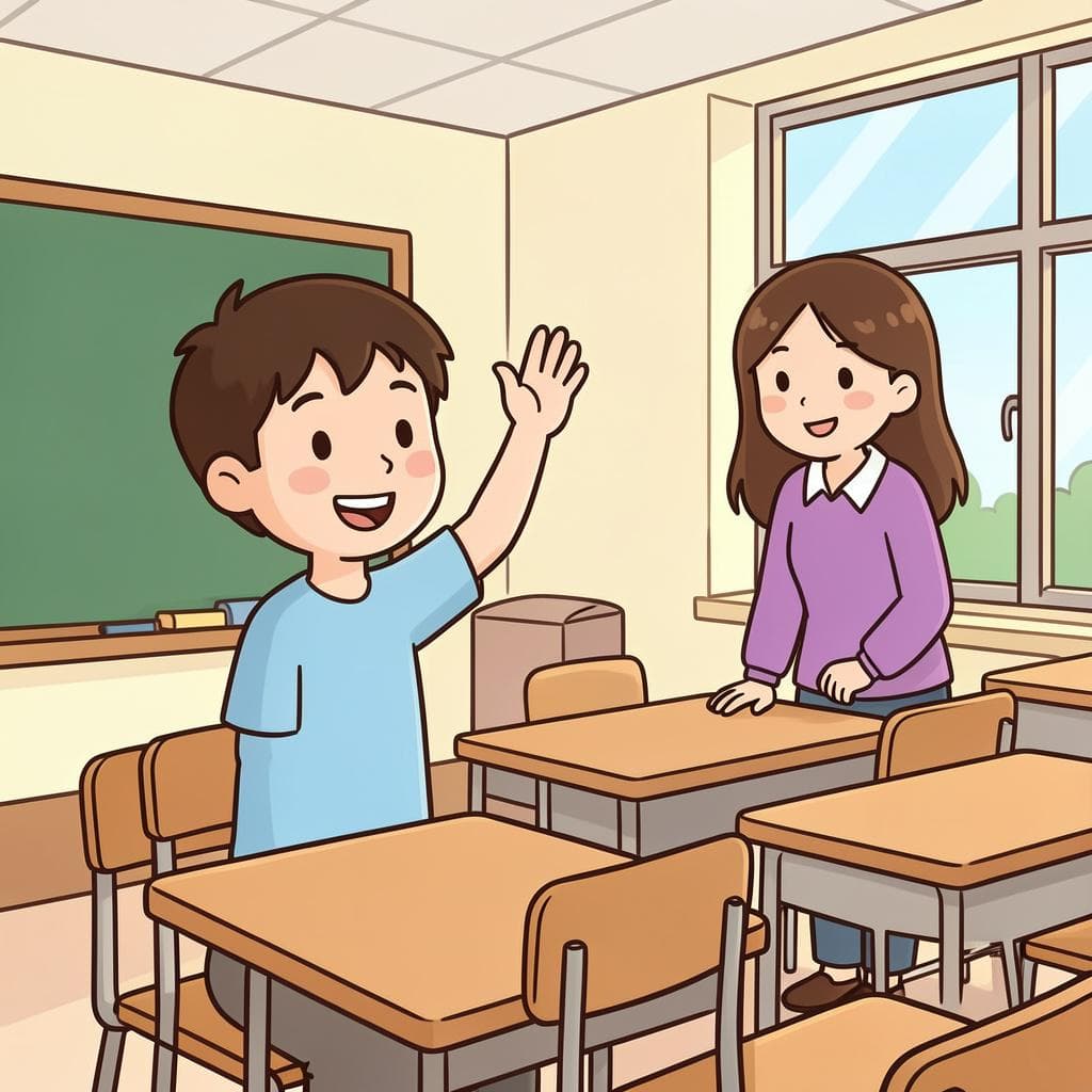 A person raising their hand to ask a question in a friendly classroom setting.