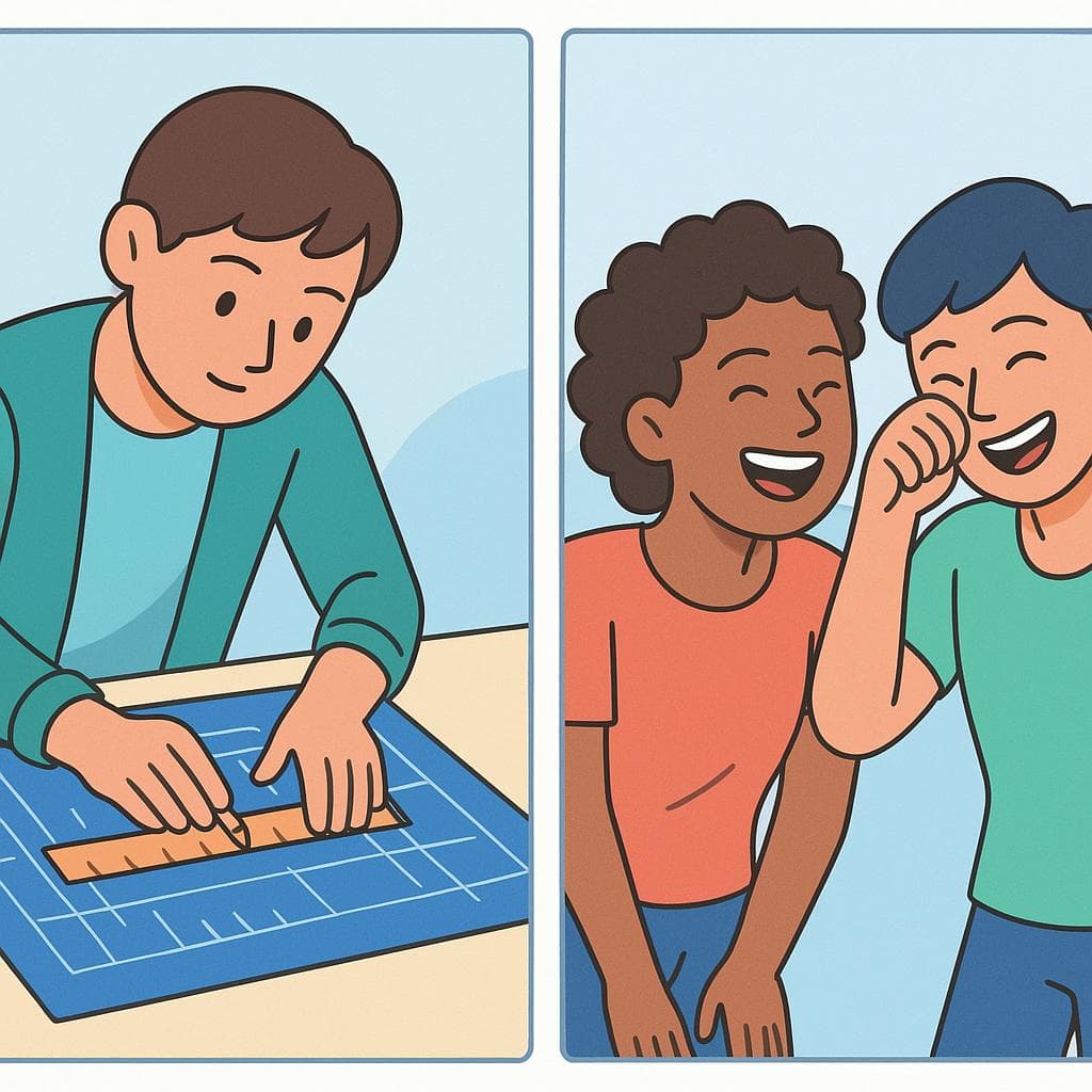 A two-panel cartoon showing the different meanings of 'literally'. One side shows precise, literal action (following a plan), and the other shows intense emotion (laughing hard).