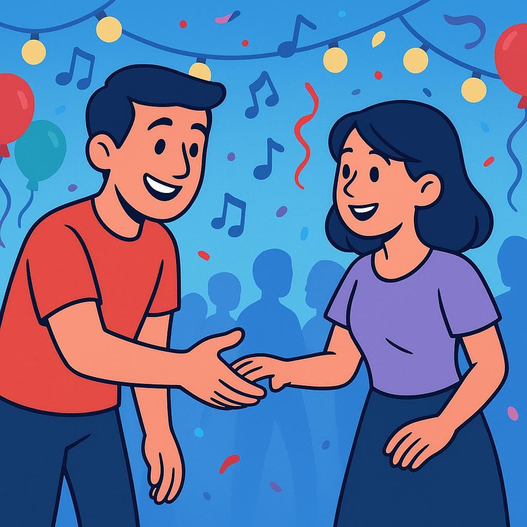 A cartoon illustration of a man asking a woman to dance at a party.