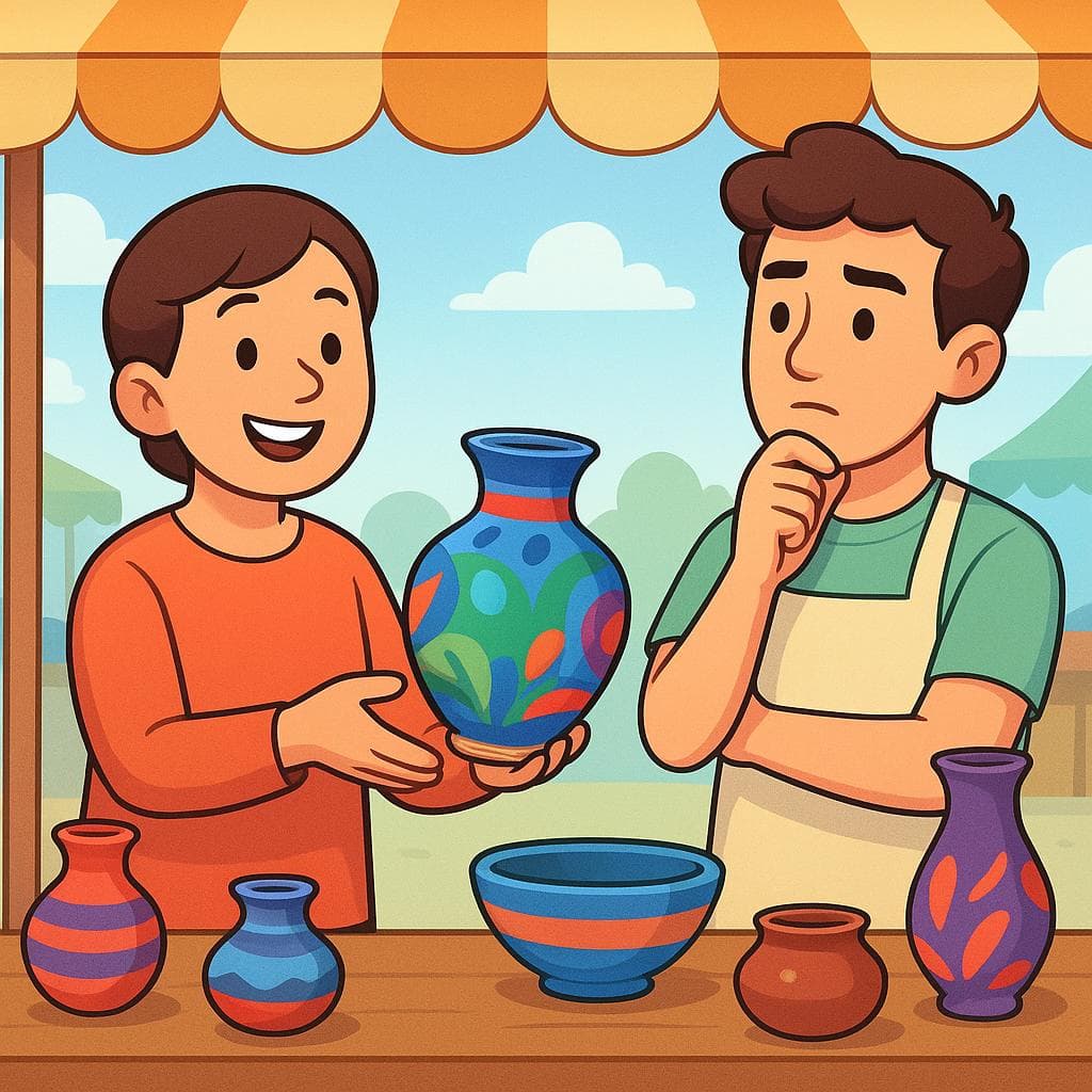 Illustration of a tourist negotiating a price with a smiling vendor at a colorful fruit and craft market.