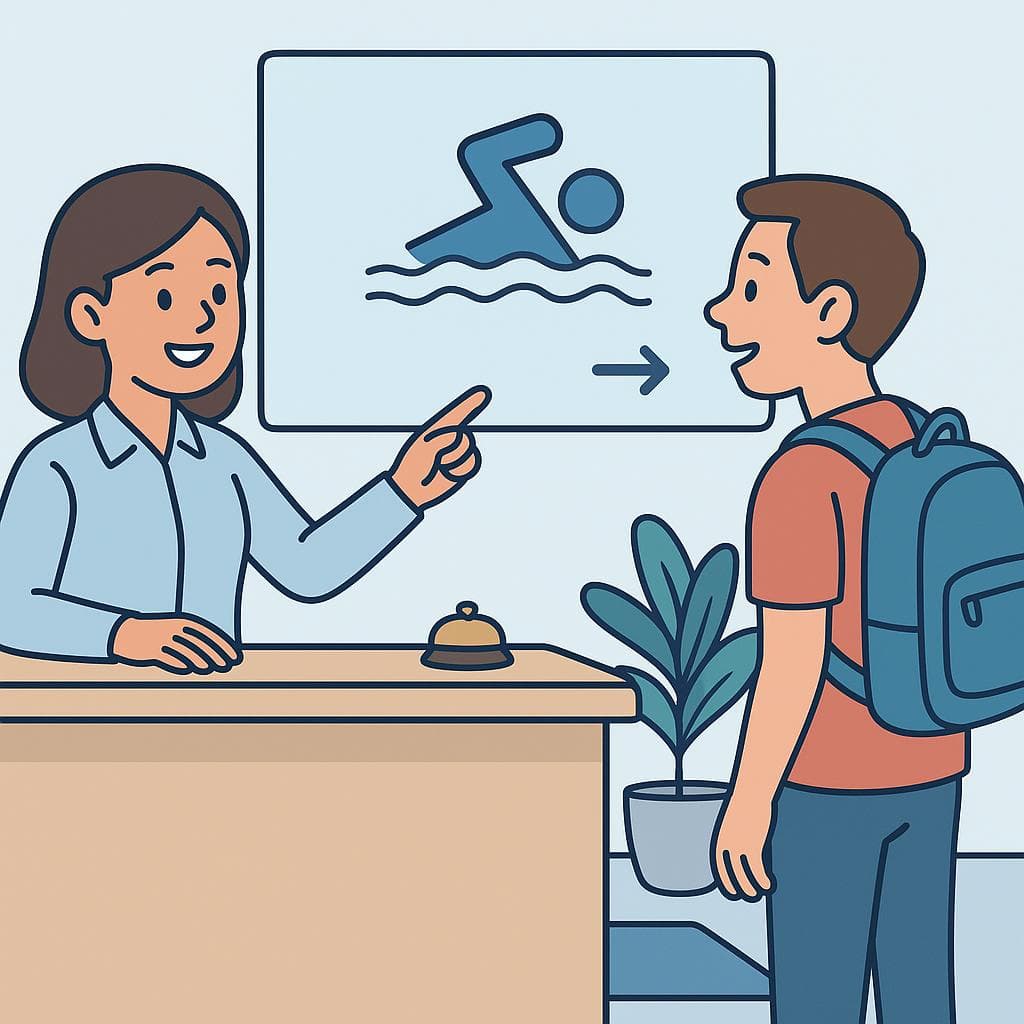 A traveler asking for information at a hotel front desk, with the clerk pointing towards the direction of the swimming pool.