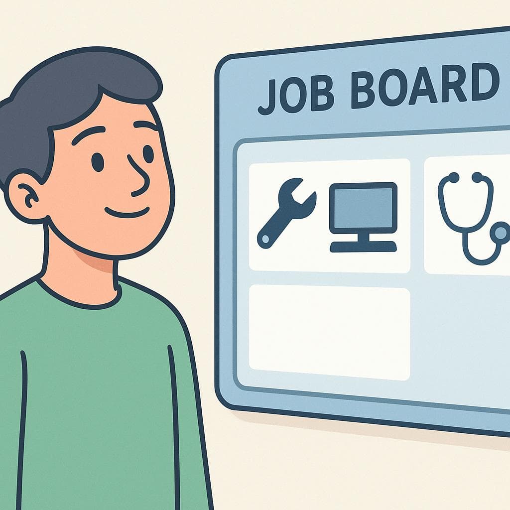 A person looking at a job board, considering different career options.