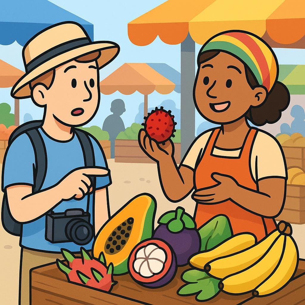 A cartoon drawing of a person at a market stall asking a vendor about a piece of fruit they are pointing to.