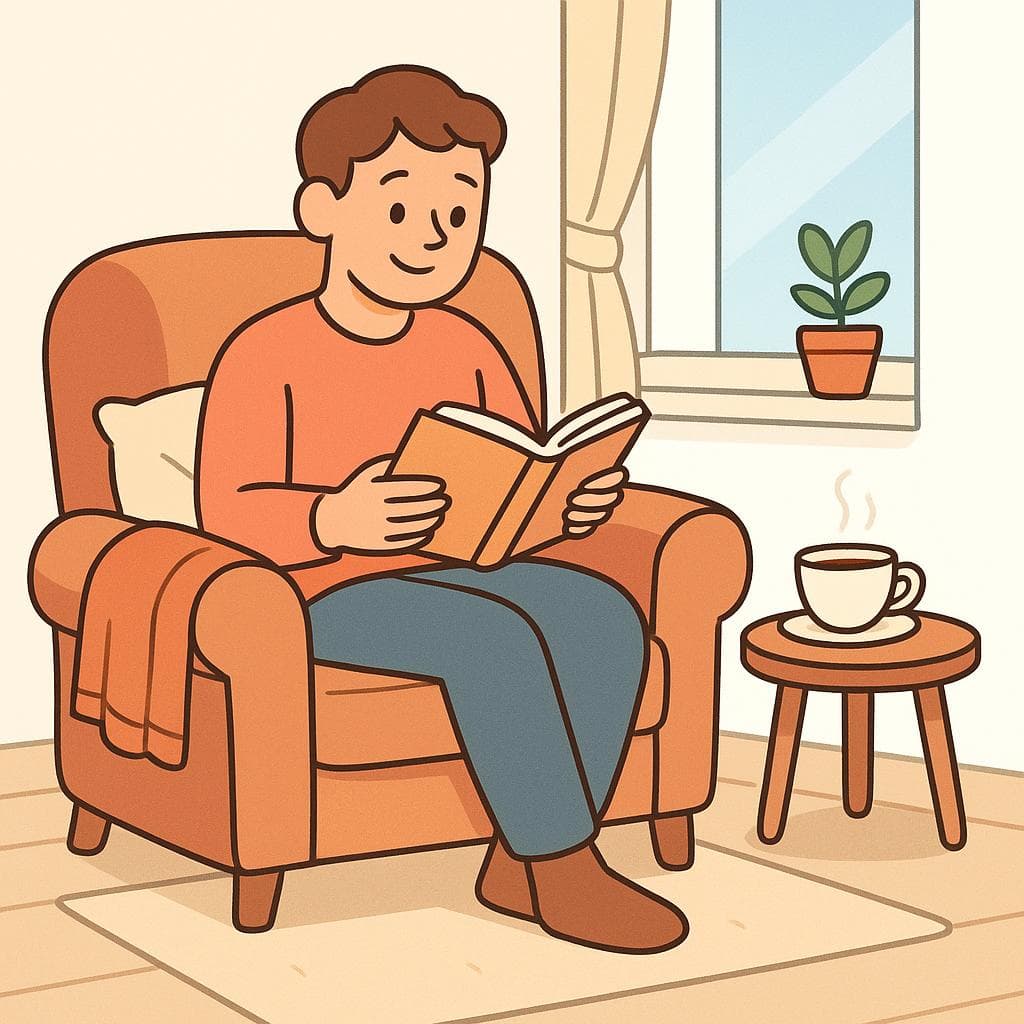 A person enjoying a book while sitting in a cozy armchair.