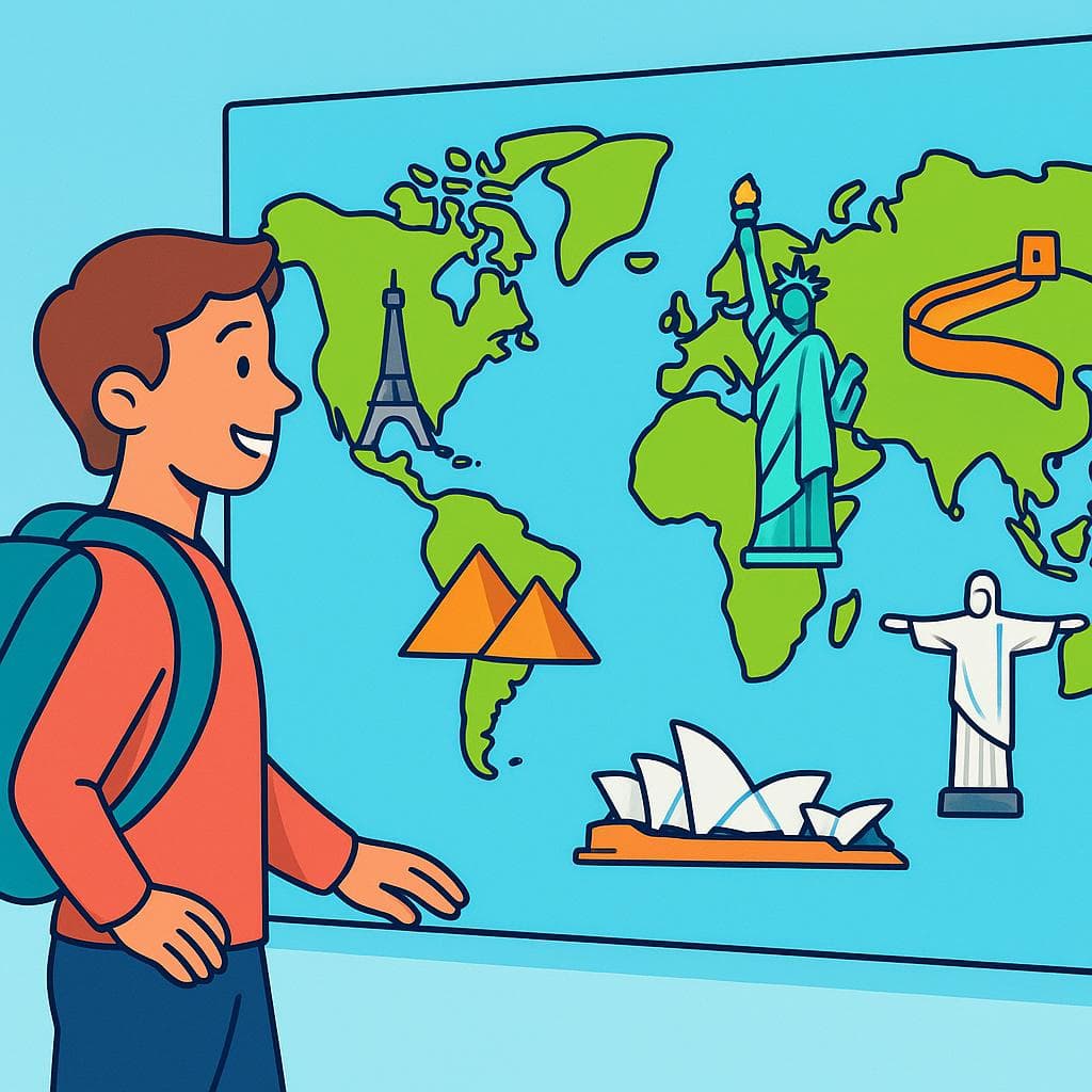 A person with a backpack planning their travels by looking at a world map.