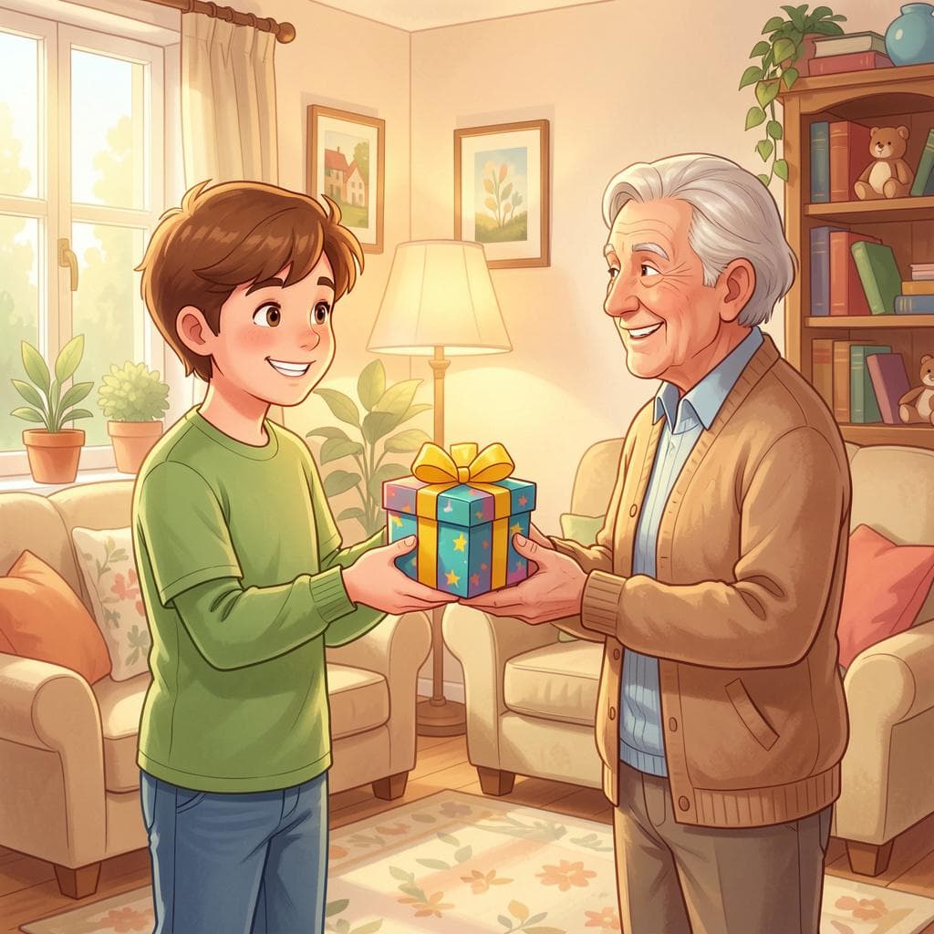 A person handing a gift to another person with a smile