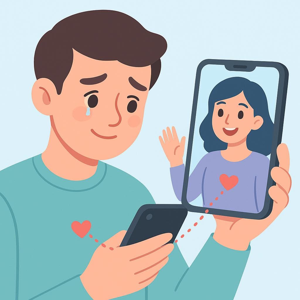 A cartoon showing two people having a video call. They are far apart but connected through technology, illustrating the feeling of missing someone.