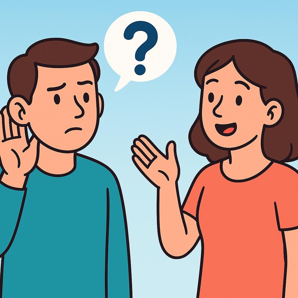 A person with a confused expression cups their hand to their ear, asking someone to repeat what they said.