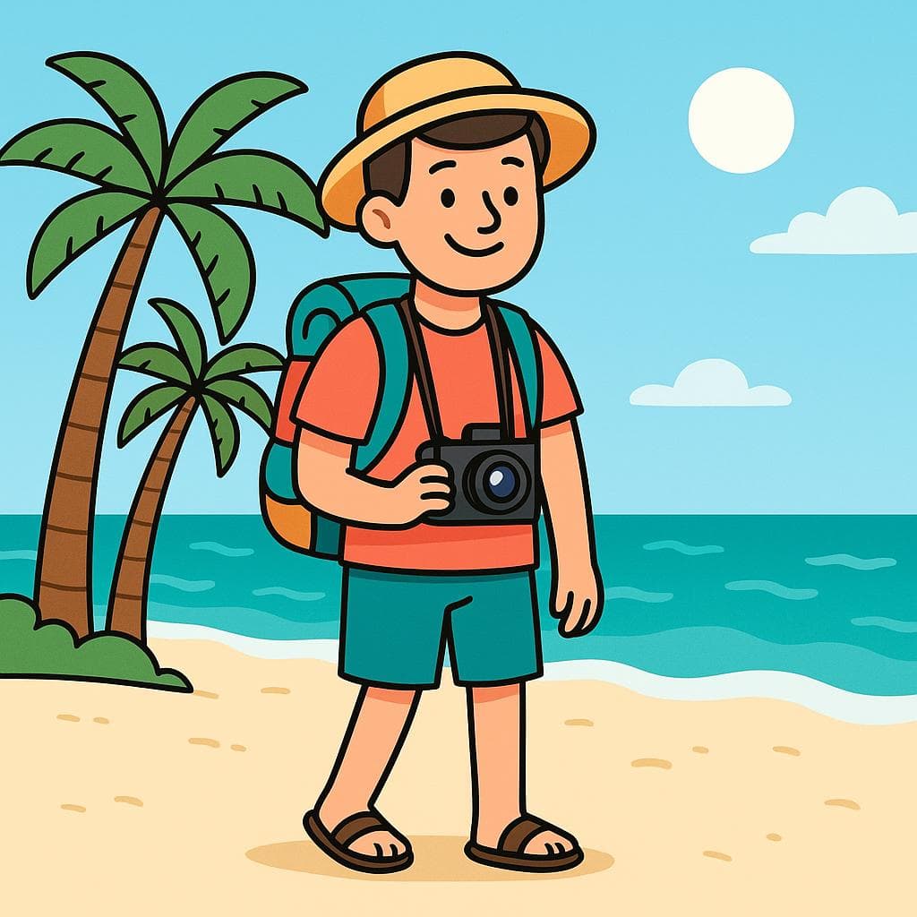 A cartoon tourist with a backpack smiles on a sunny beach, representing being on vacation.