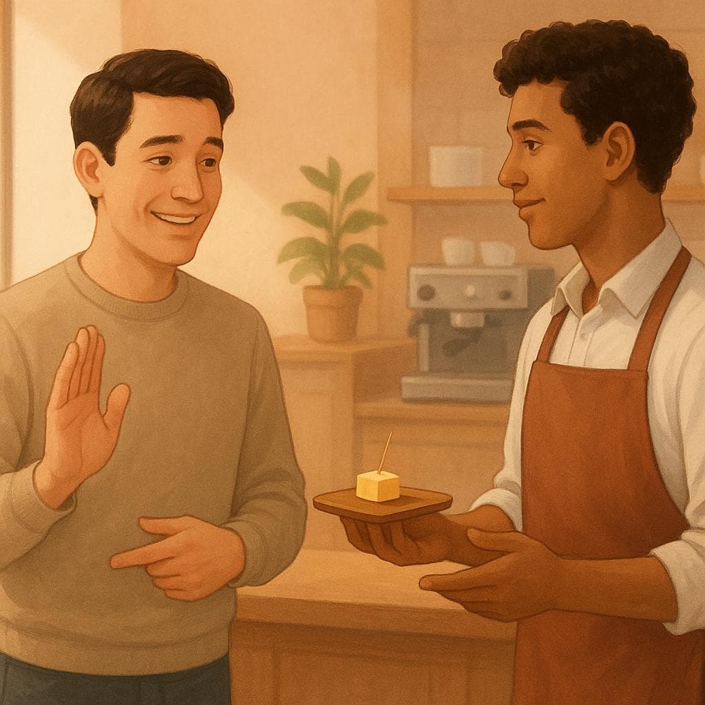 A customer at a cafe politely declining cheese from a waiter, indicating stomach sensitivity