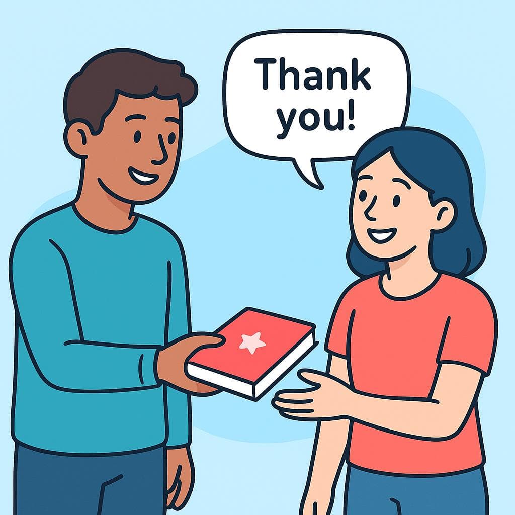 A friendly cartoon scene where one person gives a book to another, who looks grateful. The giver looks happy to be helping.