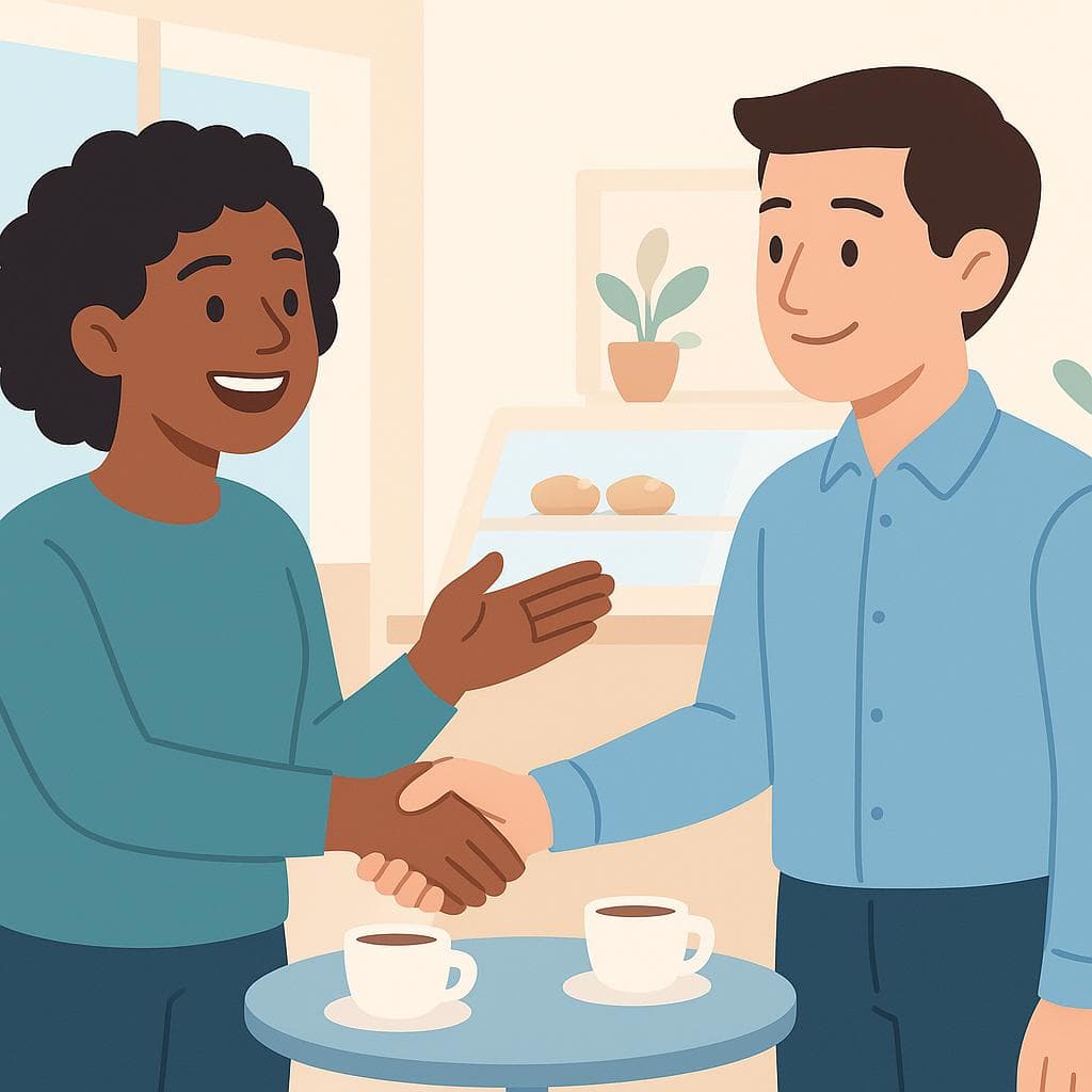 Illustration of two people smiling and shaking hands, representing the act of meeting someone new.