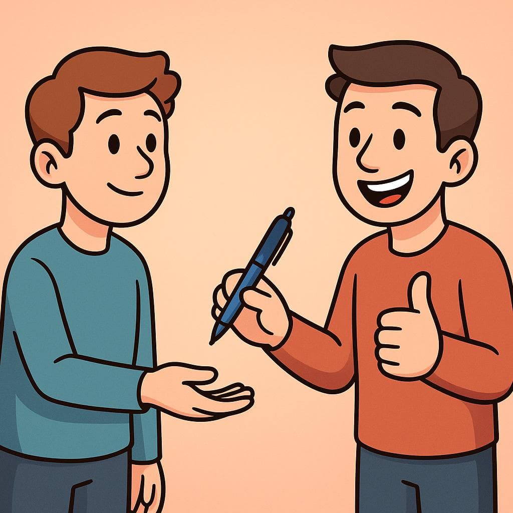 An illustration of one person happily giving a pen to another, visually representing agreement and willingness.