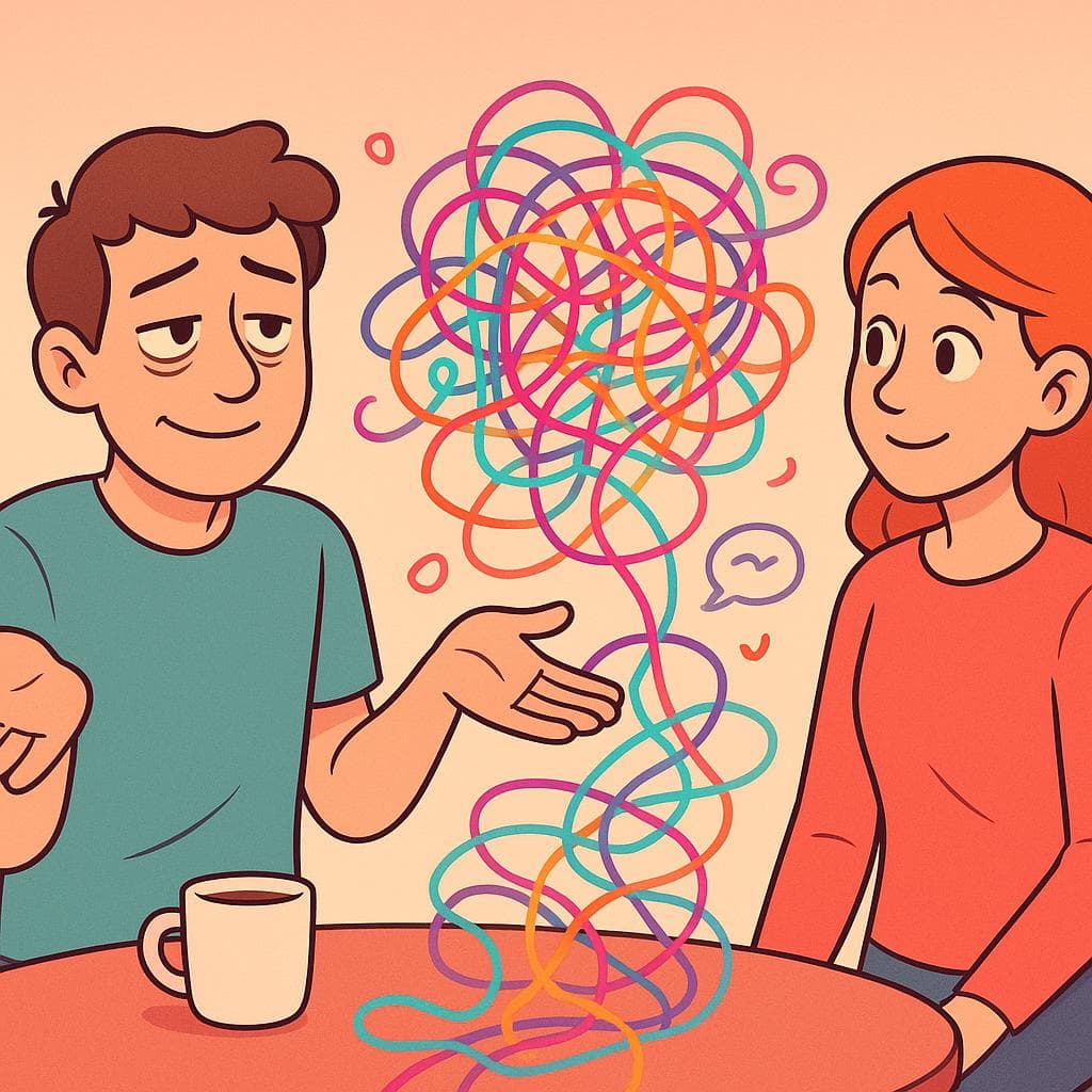 A cartoon person looking overwhelmed by a long, tangled story represented by a colorful thread, while a friend listens with an understanding look.