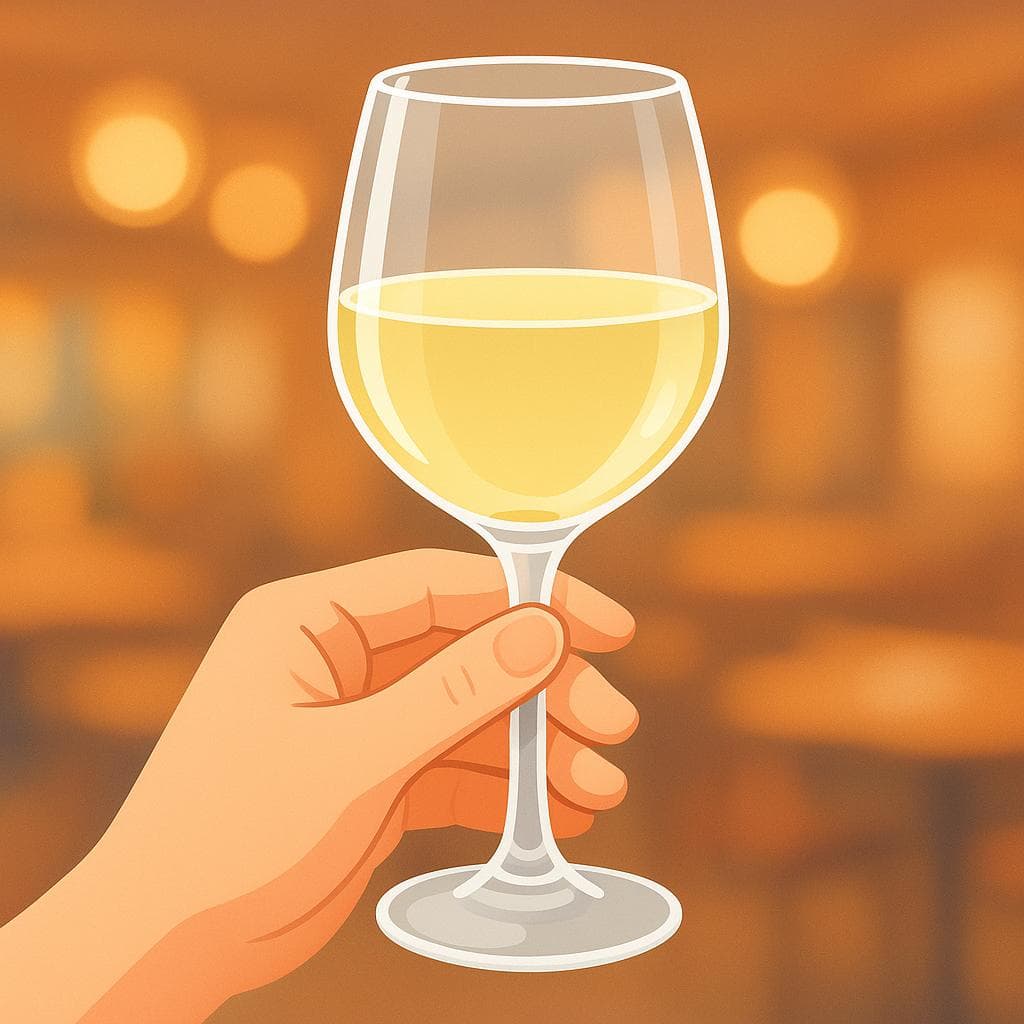 A stemmed glass containing white wine held by a hand in a restaurant setting