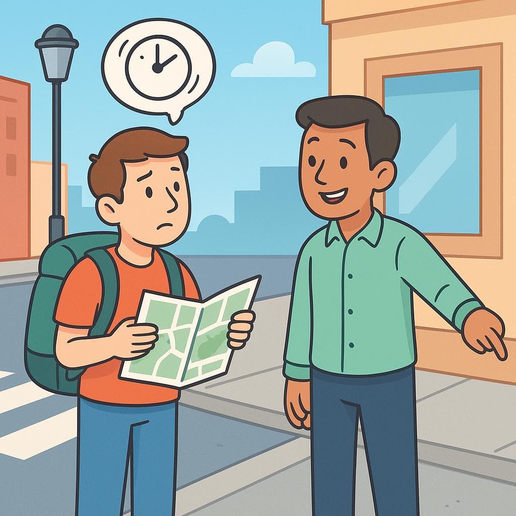 A cartoon tourist asking a local for directions, wondering about the time it will take to get to their destination.