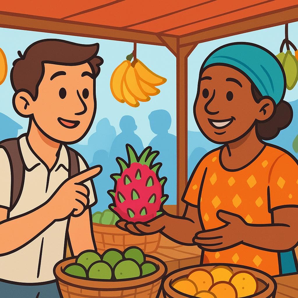 A cartoon tourist asking a friendly vendor about a piece of fruit in a Spanish-speaking market.