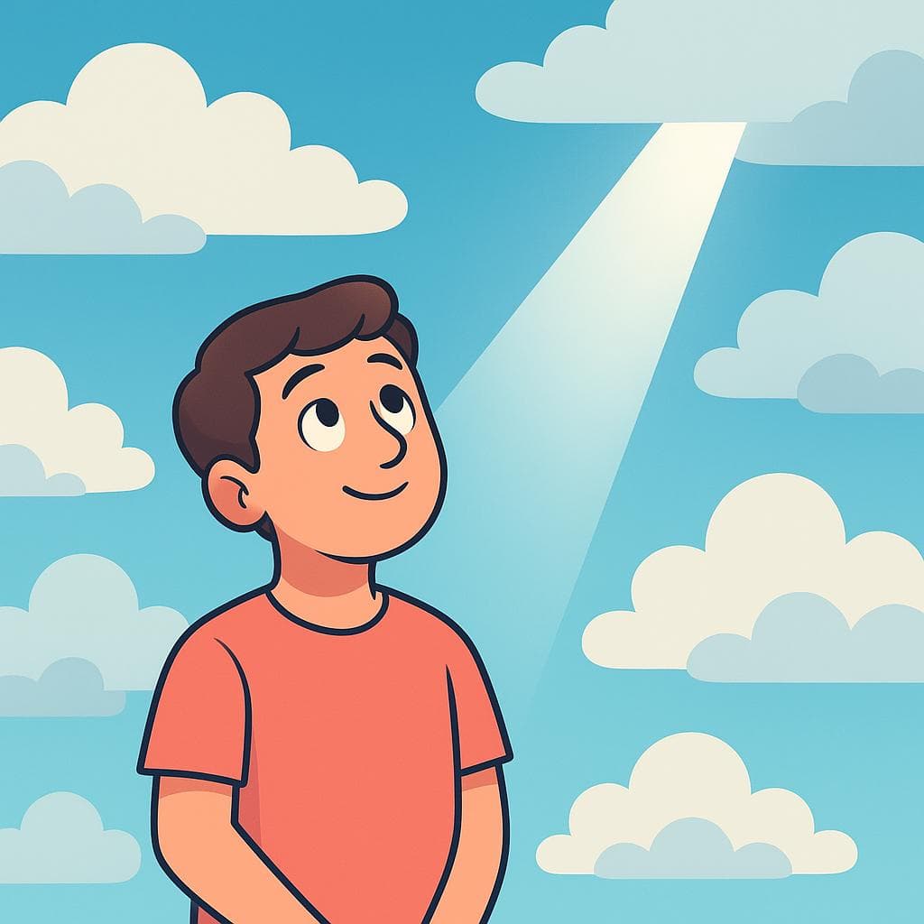 A person with a hopeful look on their face, gazing at a sunbeam piercing through clouds.