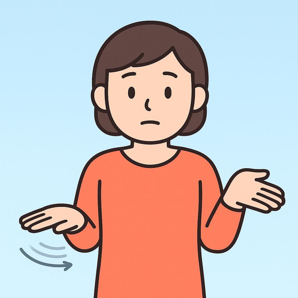 A friendly cartoon character shrugging and making a hand gesture for 'so-so' to express an average or mediocre feeling.