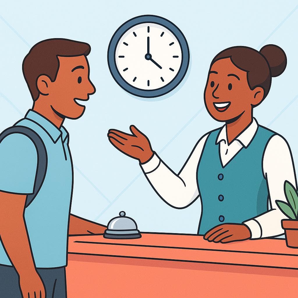 A cartoon of a traveler at a hotel front desk politely asking the receptionist for a late checkout.