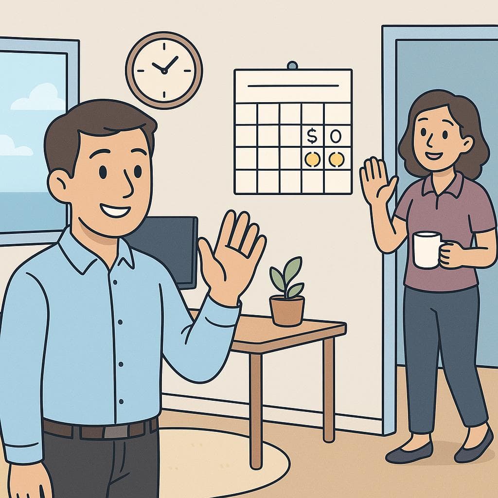 A cartoon drawing of two colleagues in an office. One is waving goodbye while the other smiles back. A calendar on the wall highlights the upcoming weekend.