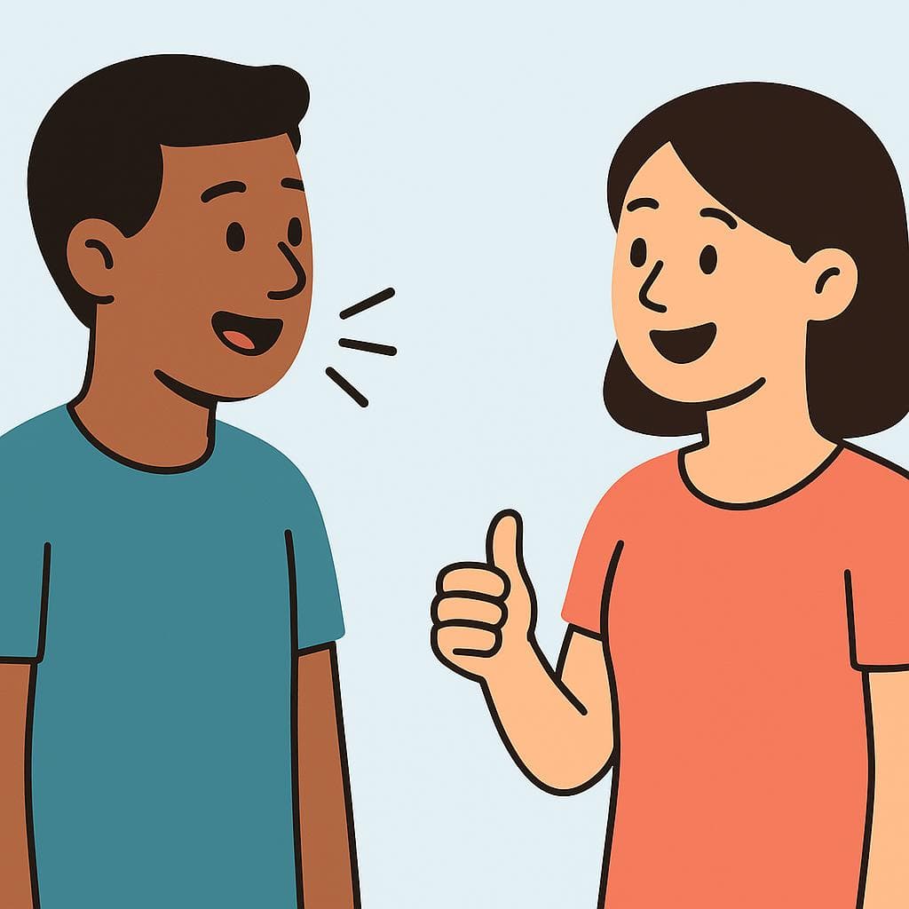 A cartoon of two friends, one talking and the other nodding in agreement with a happy expression and a thumbs-up.