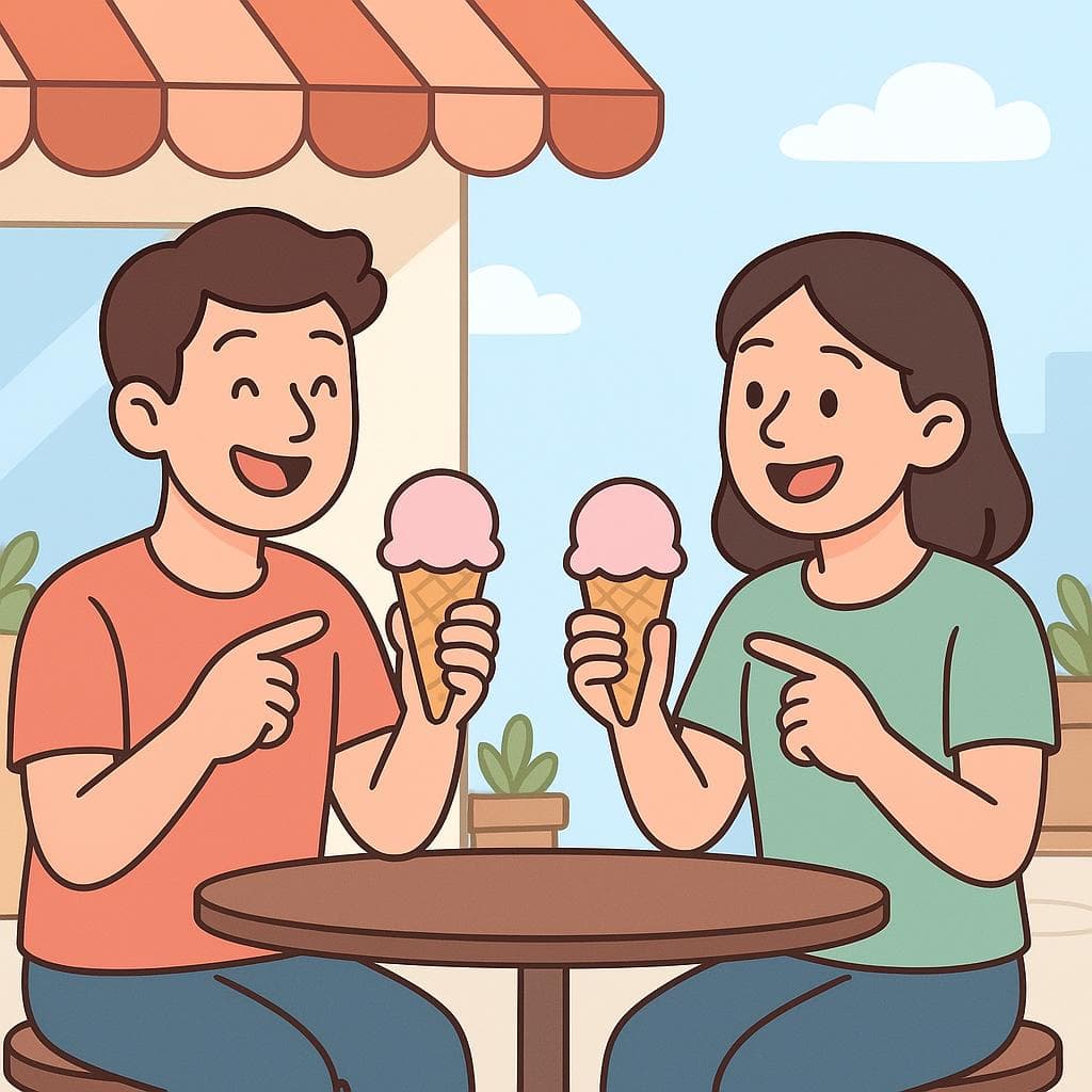 A cartoon of two friends at a cafe, both happily indicating they enjoy their ice cream cones, visually representing the concept of 'me too'.