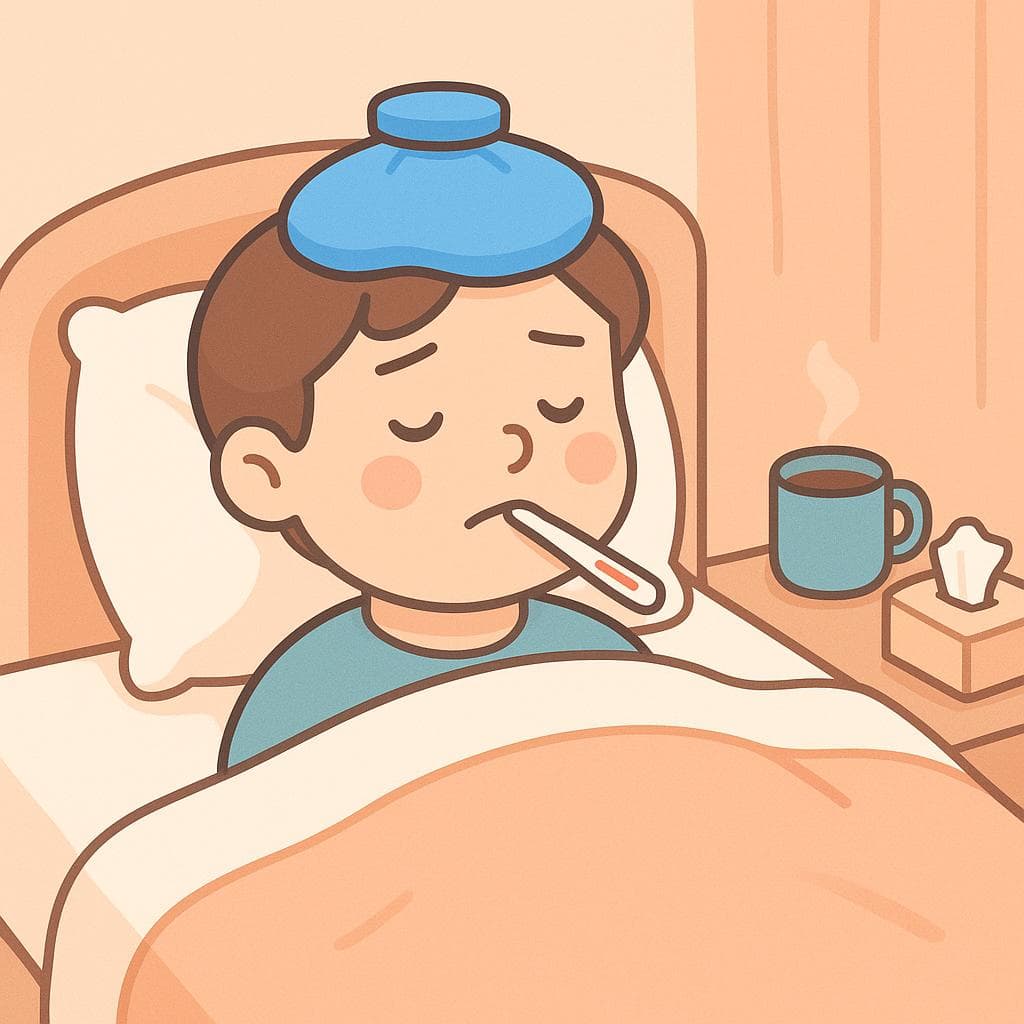 Cartoon of a sick person in bed using a thermometer to check for fever