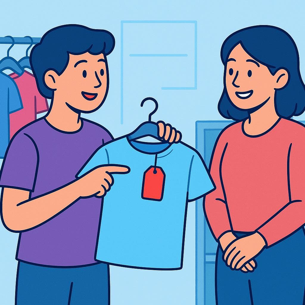 A shopper asking a store clerk about a red price tag on a shirt