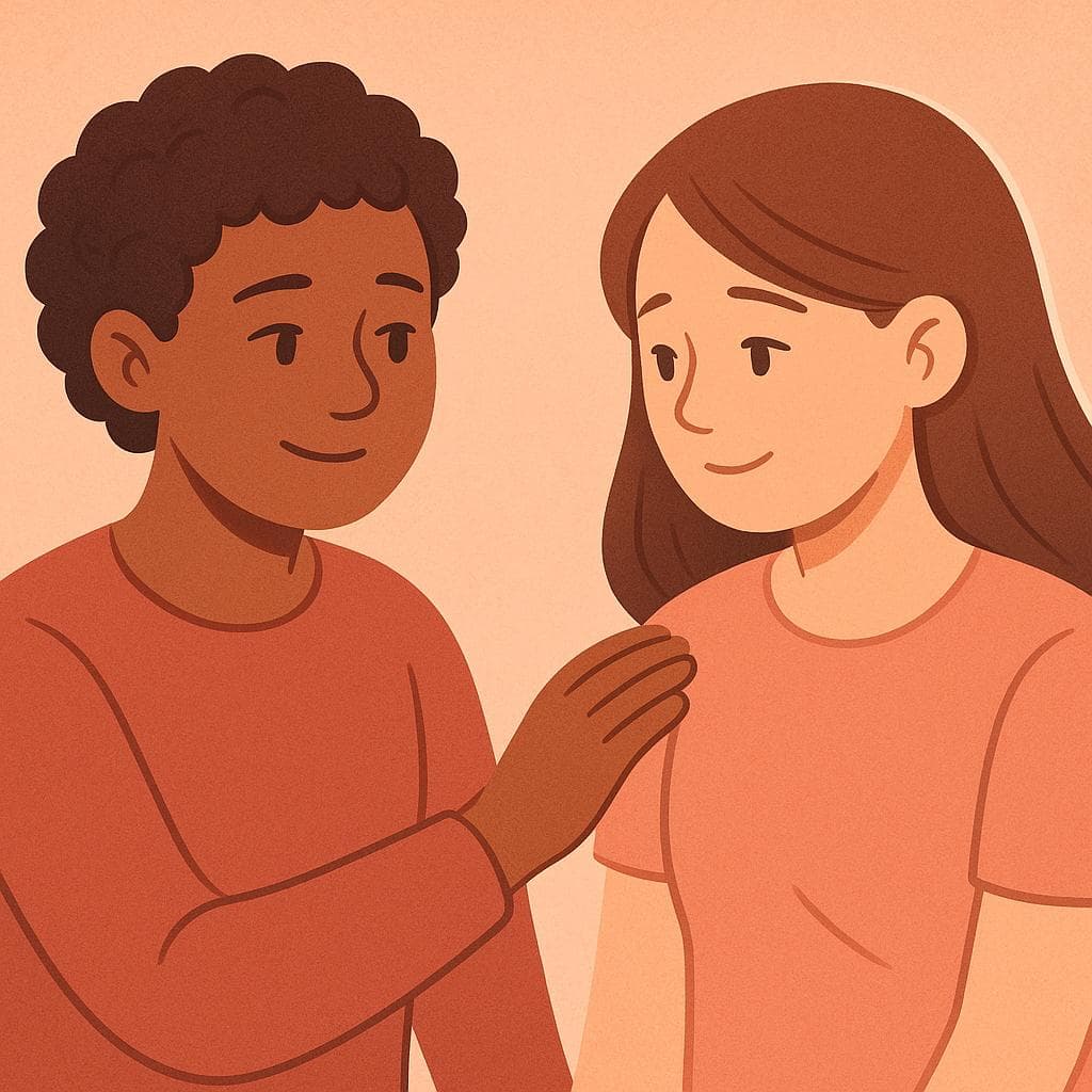 An illustration of two friends, where one is showing care and support for the other.