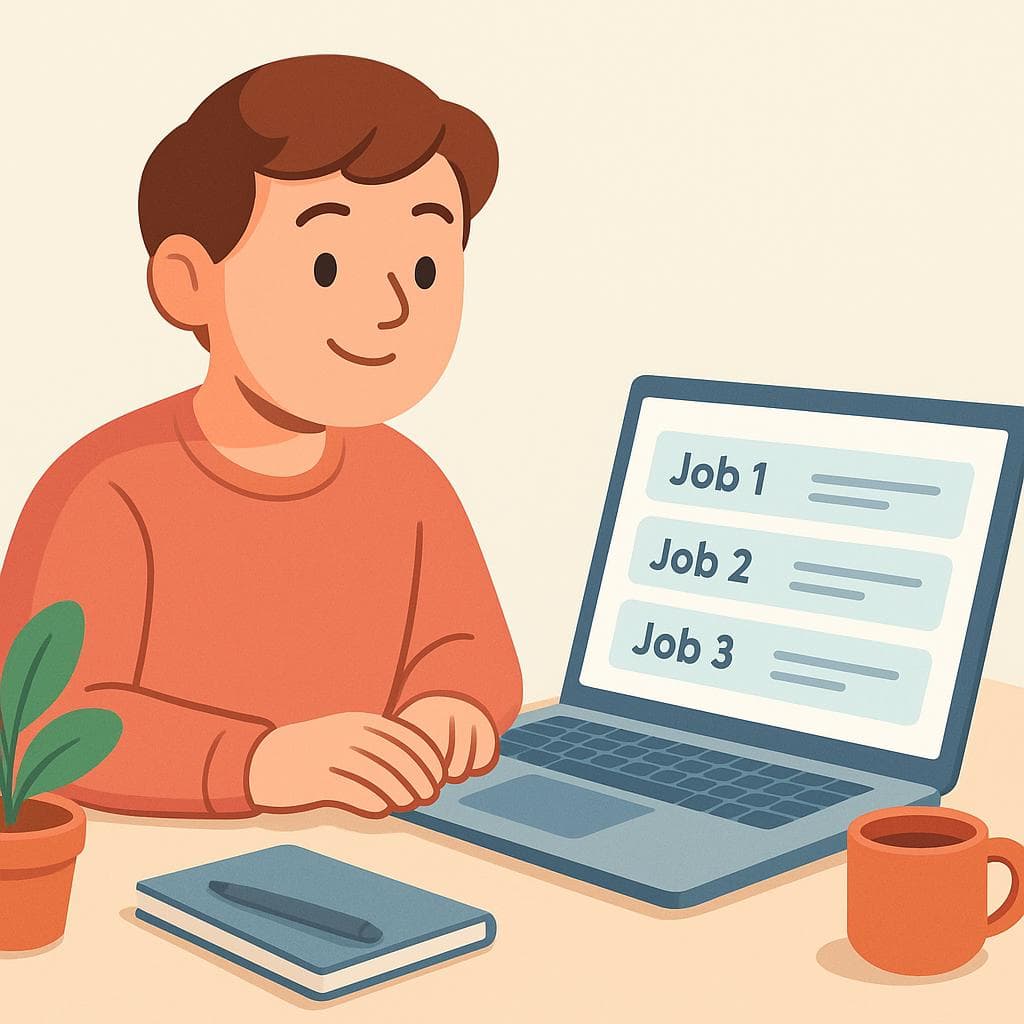 A cartoon illustration of a person sitting at a desk and optimistically searching for jobs on a laptop computer.